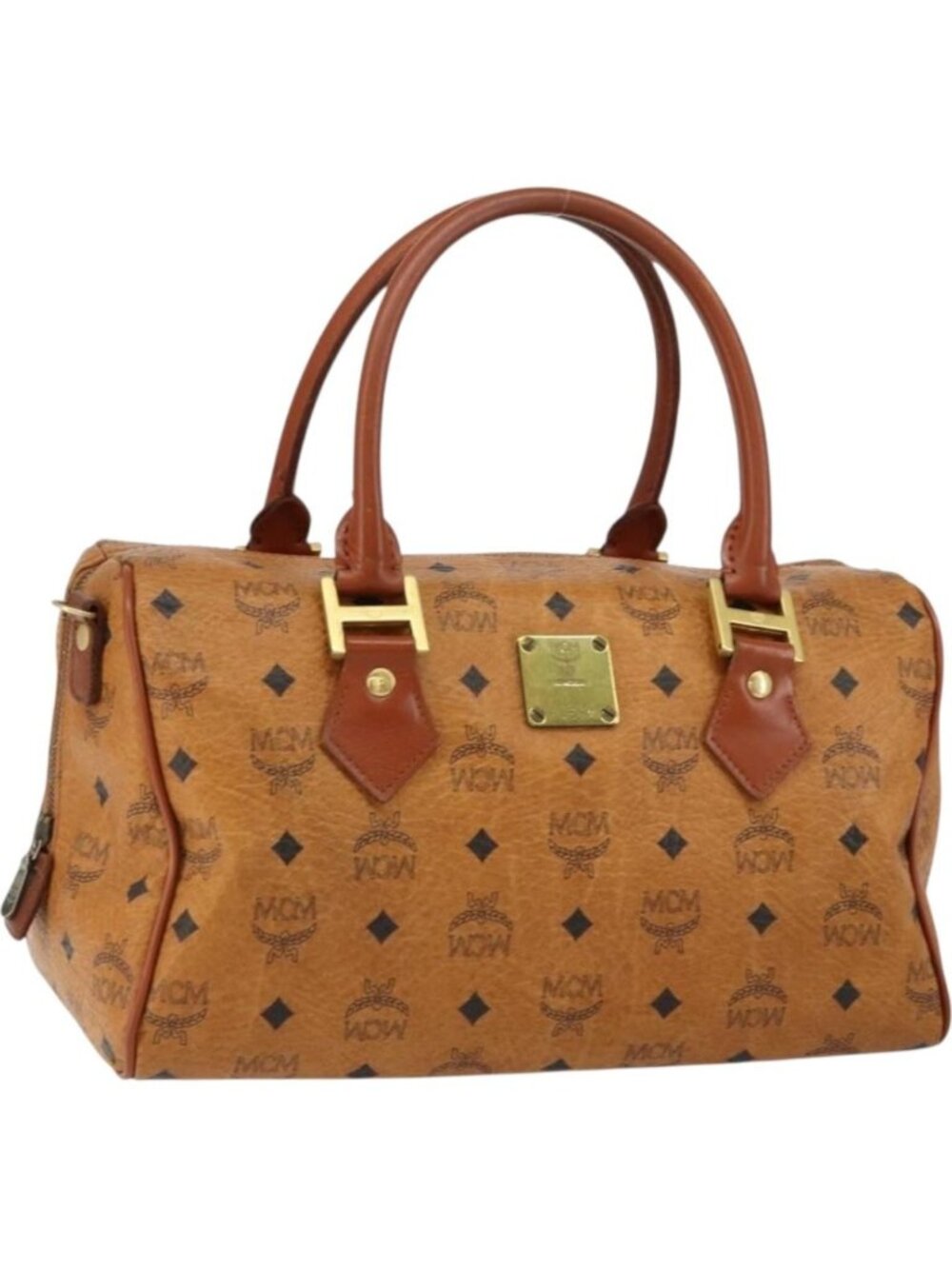 MCM Logogram Vicetos Boston Bag PVC Leather Brown Gold